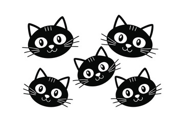Cute cartoon black cat faces scattered on a white background