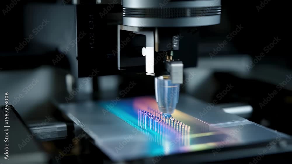 Poster advanced robotic equipment is processing samples in a modern laboratory using cutting edge technolog