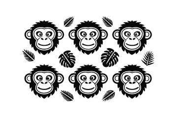 Cute black and white monkey faces surrounded by tropical leaves