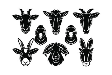 Collection of stylized farm animal head silhouettes for design