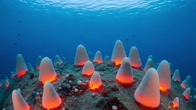 Underwater scene featuring numerous white cone shaped organisms with orange bases on a seabed view