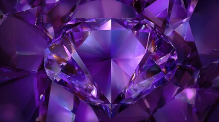 A large, brilliant-cut purple gemstone rests in a bed of smaller, similarly hued crystals, showcasing intense iridescence and multifaceted reflections