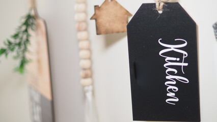 Decorative tag displaying kitchen label on a modern wall
