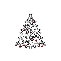 Stylized christmas tree with red ornaments and star isolated on white background