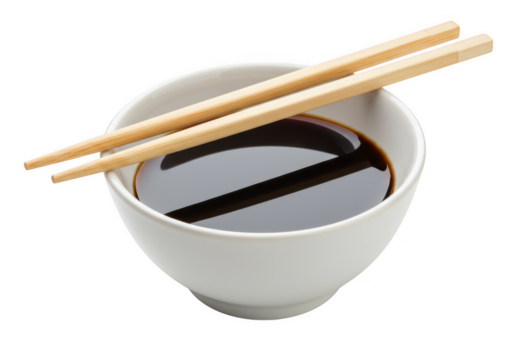 A white bowl filled with dark soy sauce with wooden chopsticks resting on top isolated on white background