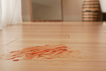 Red stain on wooden floor in a modern room during daylight