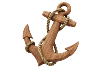 Detailed wooden anchor with thick rope isolated on white background