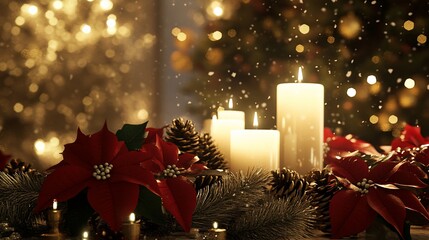 Illuminated Christmas: Candles, Poinsettias, and Golden Festive Atmosphere
