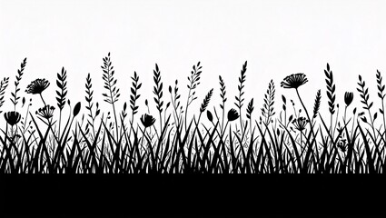 Monochrome Wildflower and Grass Silhouette Seamless Border; Elegant Nature Design