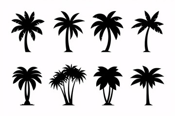 Collection of eight stylized black palm tree silhouettes; tropical, summer, vacation, design elements.