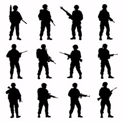 Obraz premium Twelve Silhouettes of Armed Soldiers in Combat Gear, Black and White, Military Stock Image