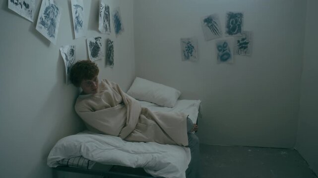 Young male patient in straitjacket walking around small psychiatric isolation room with ink artworks on walls, then lying on bed with head against wall and laughing insanely
