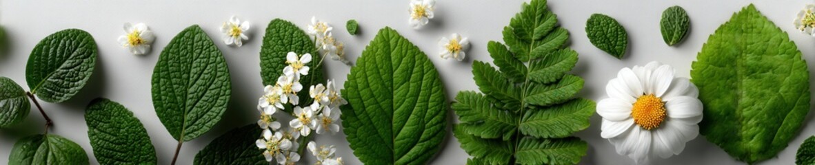 Fototapeta premium Tropical green leaves and flowers form a natural frame on white background with soft shadows, perfect for minimal botanical design or product mockup.