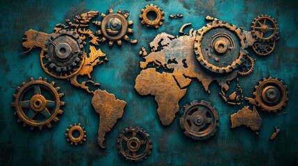 Industrial Steampunk World Map with Gears on Textured Background