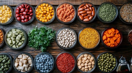 Colorful Arrangement of Various Dried Legumes and Spices in Bowls