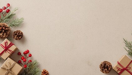Christmas ornaments, gifts, and pine cones arranged on a light beige background