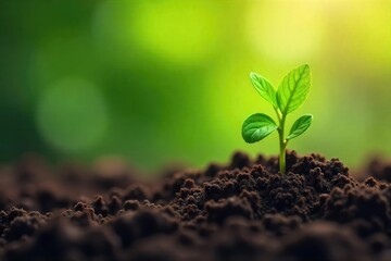 Fototapeta premium Tiny Green Sprout Emerging from Soil New Growth and Thriving Planet Symbol for Earth Day Campaigns