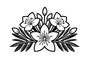 Elegant black and white illustration of cherry blossoms and leaves