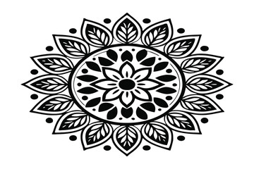 Intricate black and white mandala design with floral petals and dots