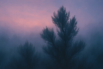 Tranquil Sagebrush Scene in Dense Fog and Pink Skies