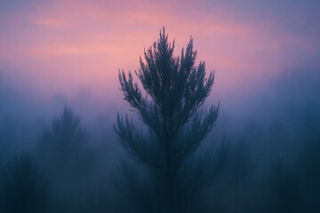 Atmospheric Fog Surrounding Sagebrush at Sunrise