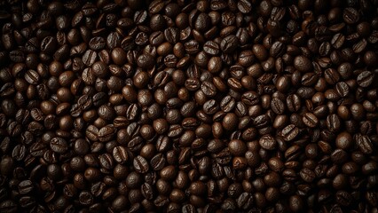 Fototapeta premium A rich full frame background of deeply roasted coffee beans showcases their glossy texture and inviting aroma, perfect for gourmet themes
