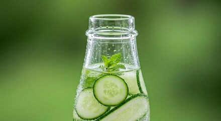 Refreshing Cucumber and Mint Infused Water in Glass Bottle, Green Background