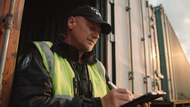 Security officer in a reflective vest writes notes while inspecting cargo containers at a shipping facility. The scene captures the importance of safety and security in logistics operations