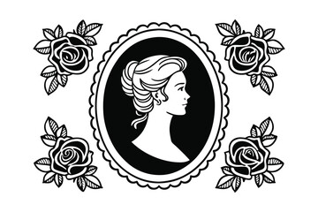 Elegant silhouette of a woman in a cameo surrounded by roses