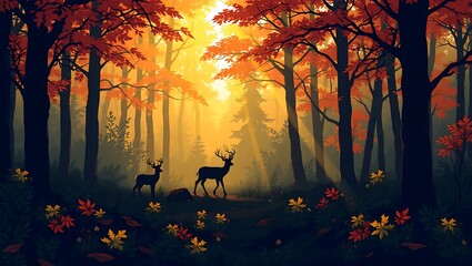 8-bit autumn forest scene with deer silhouettes (no people), golden sunbeams cutting through the trees, crisp pixel art detail in foliage