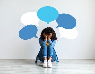 Muted Blue Lonely Figure with Floating Message Bubbles, a symbolic concept of digital anxiety