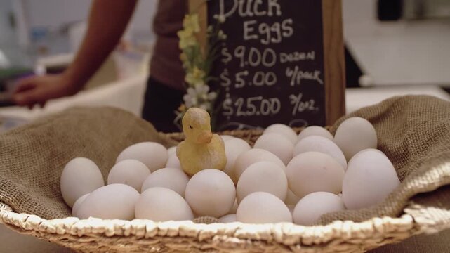 A basket of fresh eggs for sale at a farmer's market in the Ferry Building, San Francisco, California, USA. A small duck figurine sits atop the eggs, adding a touch of whimsy to the display.