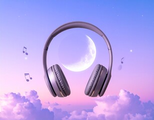 Pastel Sky Wireless Headphones Among Clouds, a whimsical concept of audio meditation