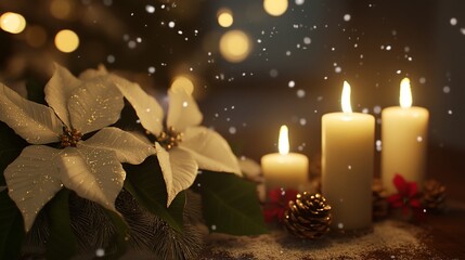 Serene Christmas still life featuring poinsettia, candles and snowflakes