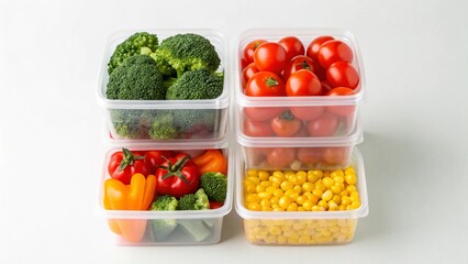stack of square plastic containers containing fresh fruits and vegetables isolated on white background