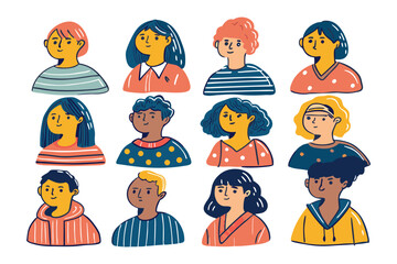 People Avatar Collection: A diverse and vibrant collection of avatar portraits representing a spectrum of identities, perfect for showcasing inclusivity and personalization.