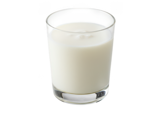 Clear glass filled with fresh white milk isolated on transparent background