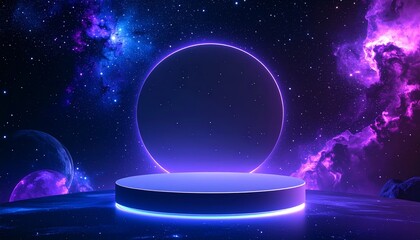 Dreamy Purple Space Podium Floating Among Planets and Stars, a Magical Display Concept for Futuristic Product Presentation