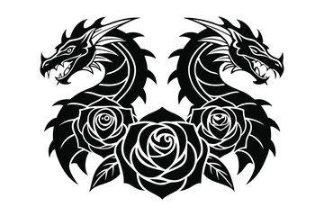 Symmetrical black and white tattoo design of two dragons and roses