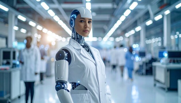 A humanoid robot with a white lab coat stands confidently in a modern, brightly lit laboratory, with blurred figures of scientists working in the background. - Powered by Adobe