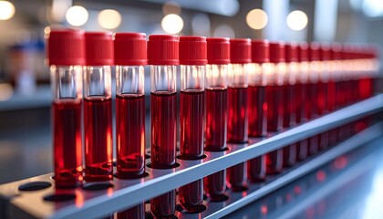 A row of capped test tubes containing red liquid, likely blood samples, arranged in a laboratory rack, suggesting medical testing or scientific research.
