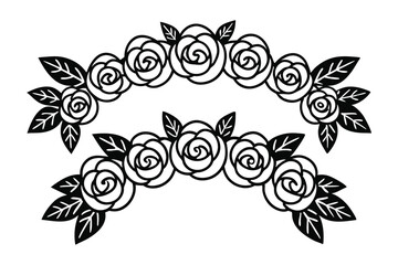 Elegant black and white rose border design with leaf accents