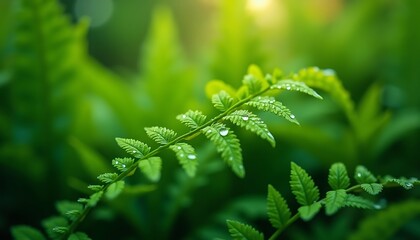 Dew-kissed Fern Leaves in Lush Green Forest.