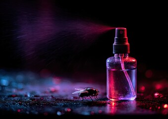 Spray bottle mists fly in dark, vibrant lighting