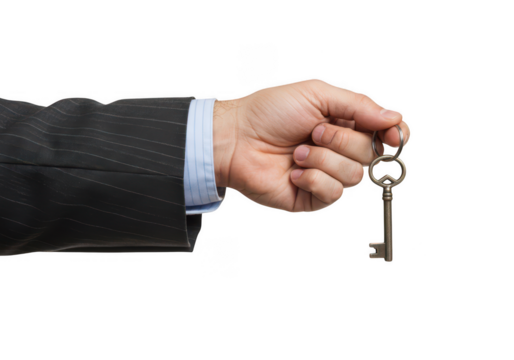 Businessman holding an antique key isolated on transparent background