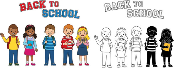 Cheerful school children illustration ready for back to school time learning