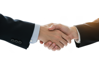 Two businessmen in suits shaking hands in agreement isolated on transparent background