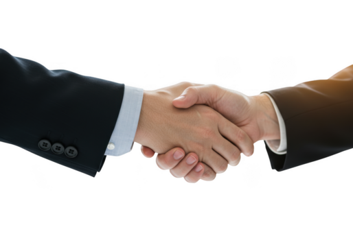 Two businessmen in suits shaking hands in agreement isolated on transparent background - Powered by Adobe