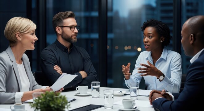 Photo of a diverse business team is having a meeting at night