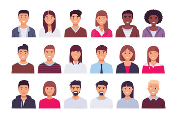 Diverse Avatar Collection: A vibrant collection of avatars showcases various faces, hair styles, and facial expressions, representing a broad spectrum of individuals in a clean, graphic style.